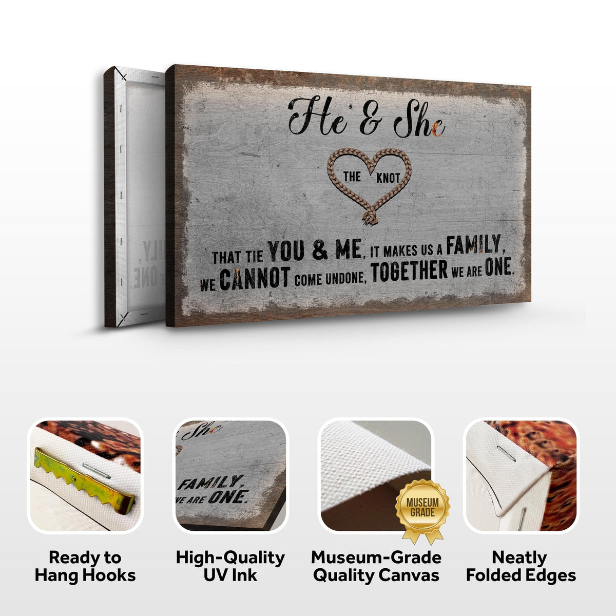 Canvas sign He & She You And Me Together with rope heart on gray wood by Tailored Canvases on Tampa Home & Garden Store