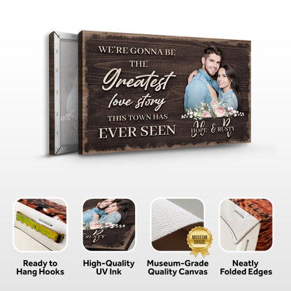 Greatest Love Story In Town Sign canvas Tailored Canvases with woodgrain and script lettering on Tampa Home & Garden Store