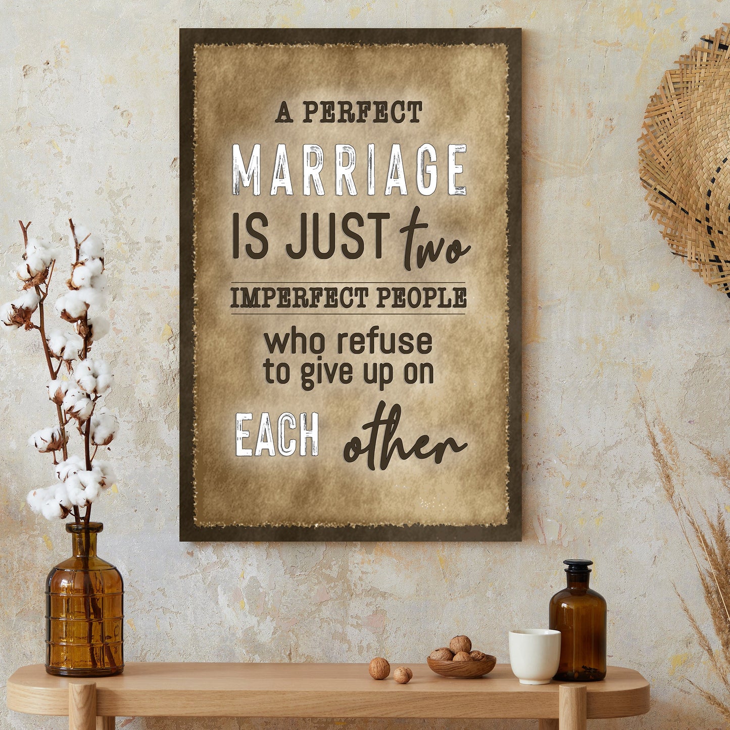 A Perfect Marriage Sign canvas with rustic parchment look and brown border by Tailored Canvases on Tampa Home & Garden Store