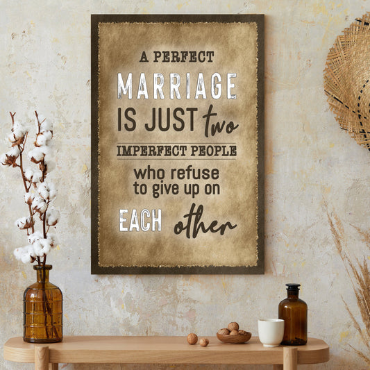 A Perfect Marriage Sign canvas with rustic parchment look and brown border by Tailored Canvases on Tampa Home & Garden Store