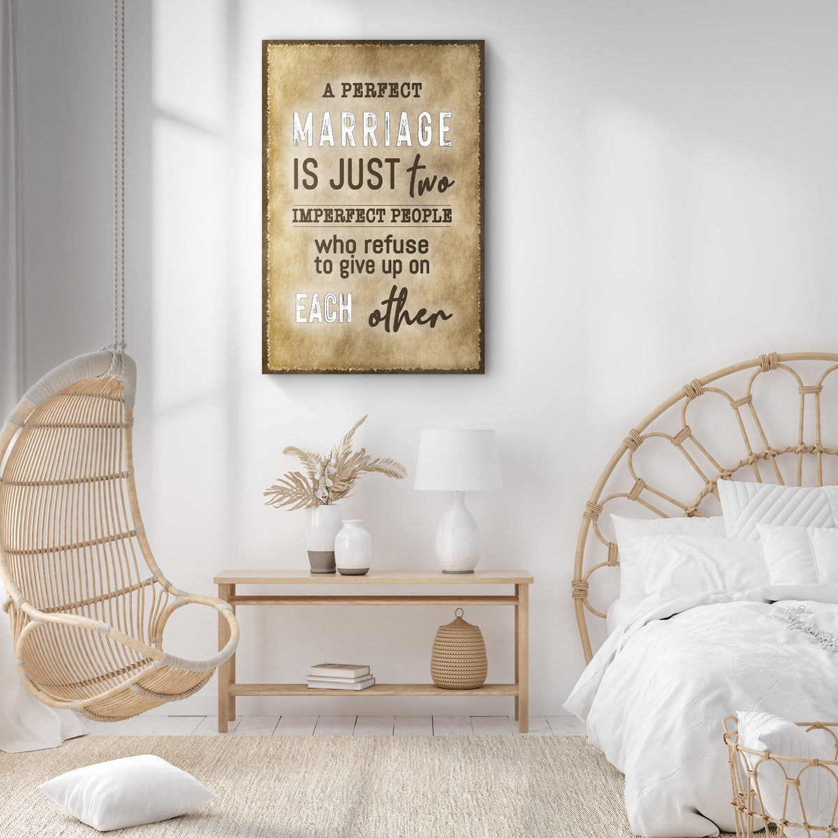 A Perfect Marriage Sign canvas by Tailored Canvases with rustic beige background lettering on Tampa Home & Garden Store