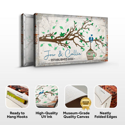 Love Birds Couple Sign canvas by Tailored Canvases with blue birds on a branch and green leaves on Tampa Home & Garden Store