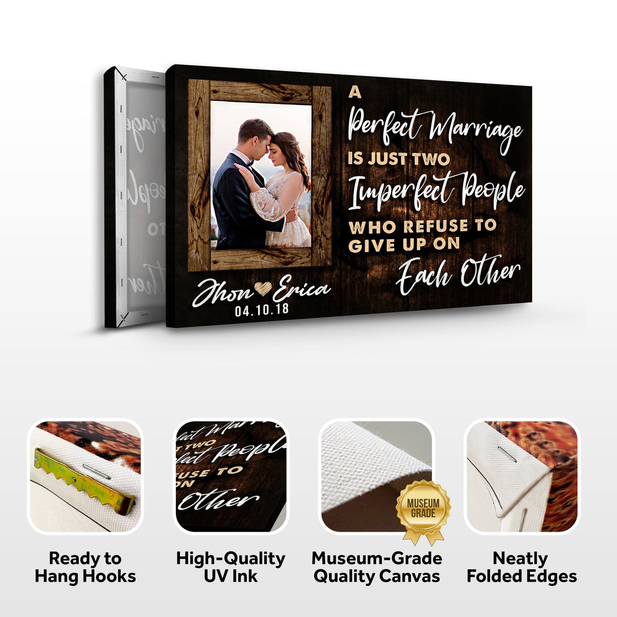 Canvas sign by Tailored Canvases with rustic wood frame and couple portrait, romantic quote on Tampa Home & Garden Store