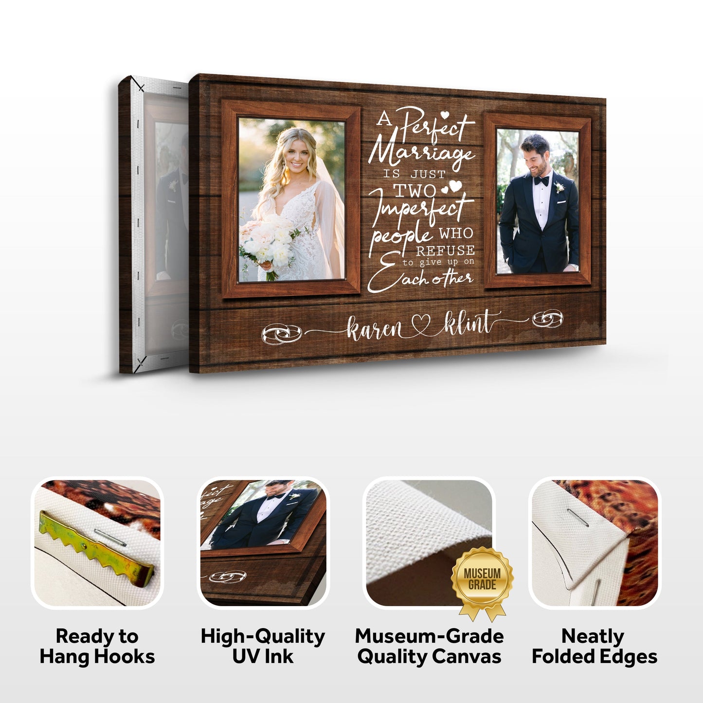 Canvas sign A Perfect Marriage Is Just Two Imperfect People in dark wood frame Tailored on Tampa Home & Garden Store