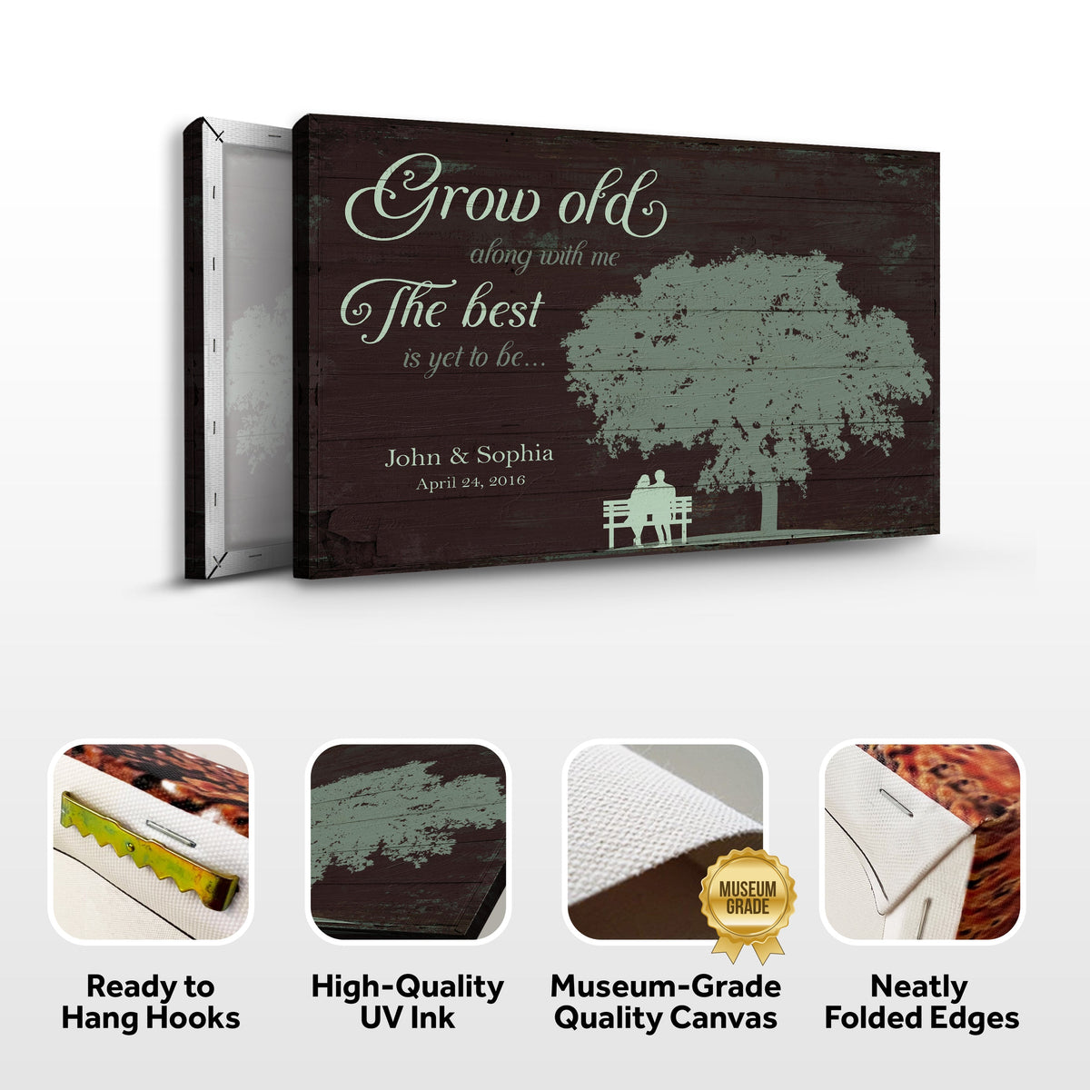 Grow Old Along With Me canvas sign by Tailored Canvases; dark wood planks with pale script text on Tampa Home & Garden Store