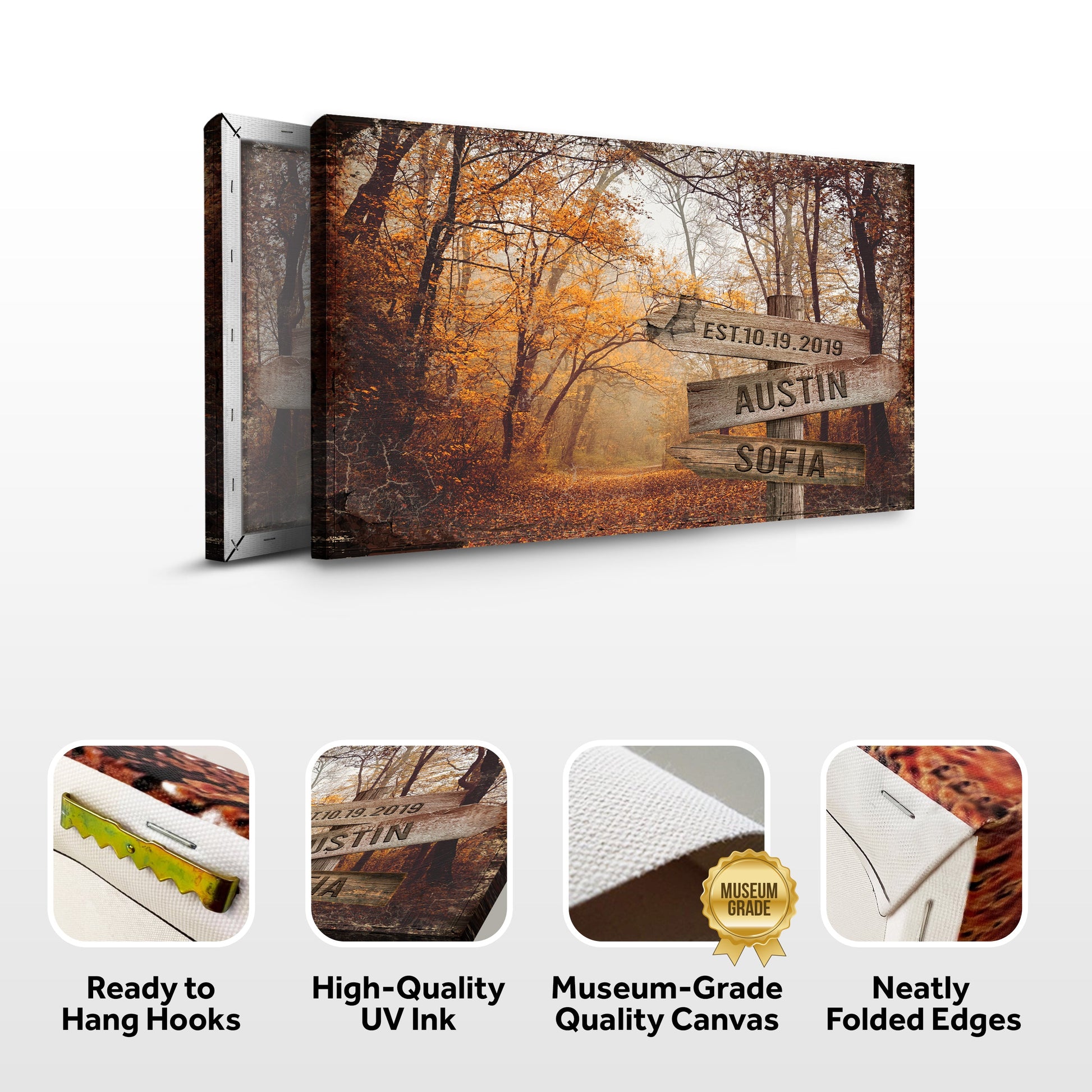 Autumn Road Name Sign canvas by Tailored Canvases with rustic wood and forest backdrop on Tampa Home & Garden Store