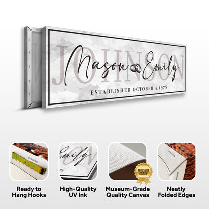 Last Name Wedding Gift Sign canvas with Mason & Emily in elegant script on gray background on Tampa Home & Garden Store
