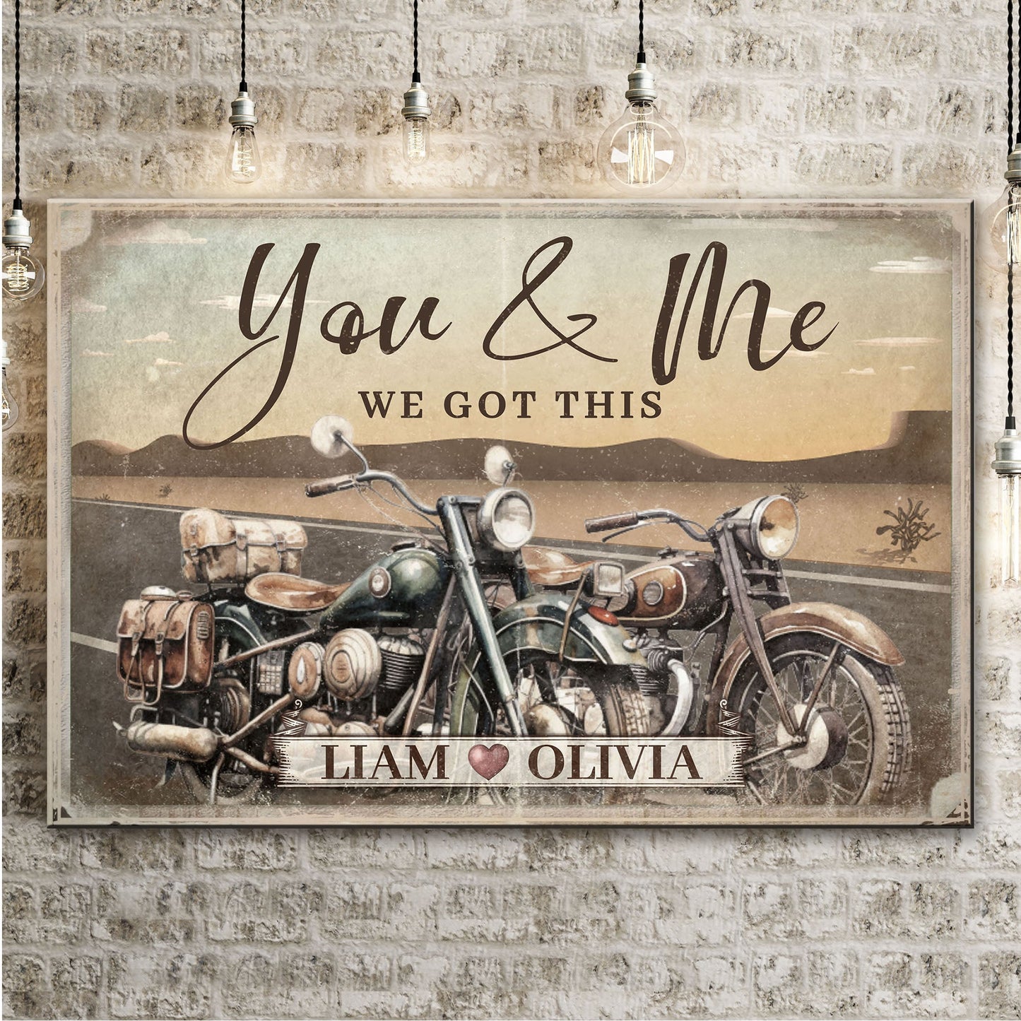 Canvas sign with vintage motorcycle artwork and the text You & Me We Got This, LIAM ♥ OLIVIA on Tampa Home & Garden Store