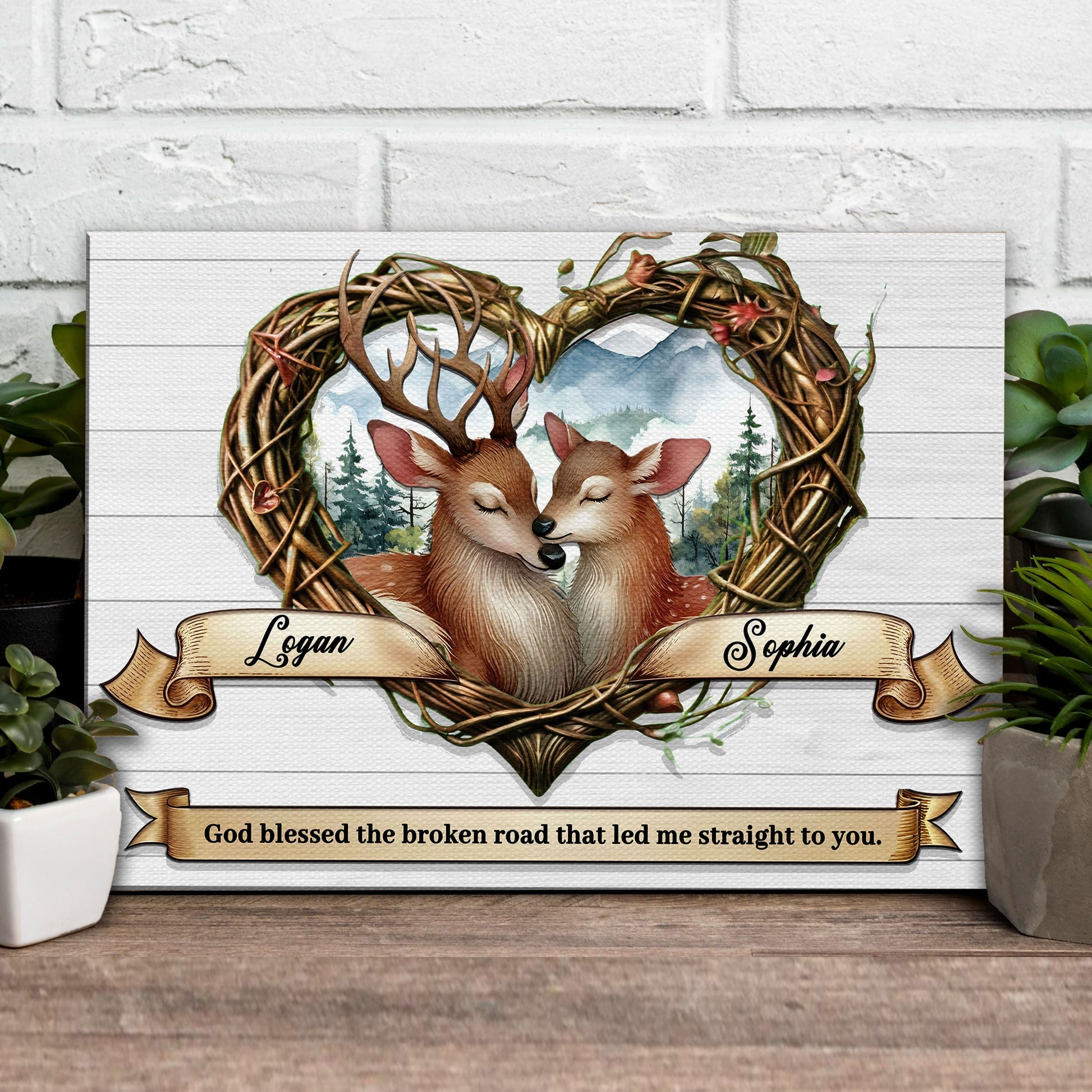 Couple Deer Sign IV canvas by Tailored Canvases, wreath framing two deer with Logan Sophia on Tampa Home & Garden Store