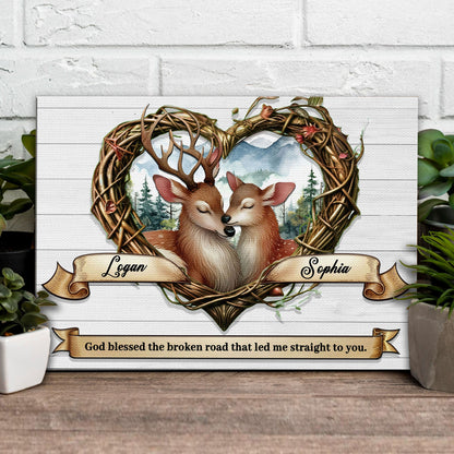 Couple Deer Sign IV canvas by Tailored Canvases, wreath framing two deer with Logan Sophia on Tampa Home & Garden Store