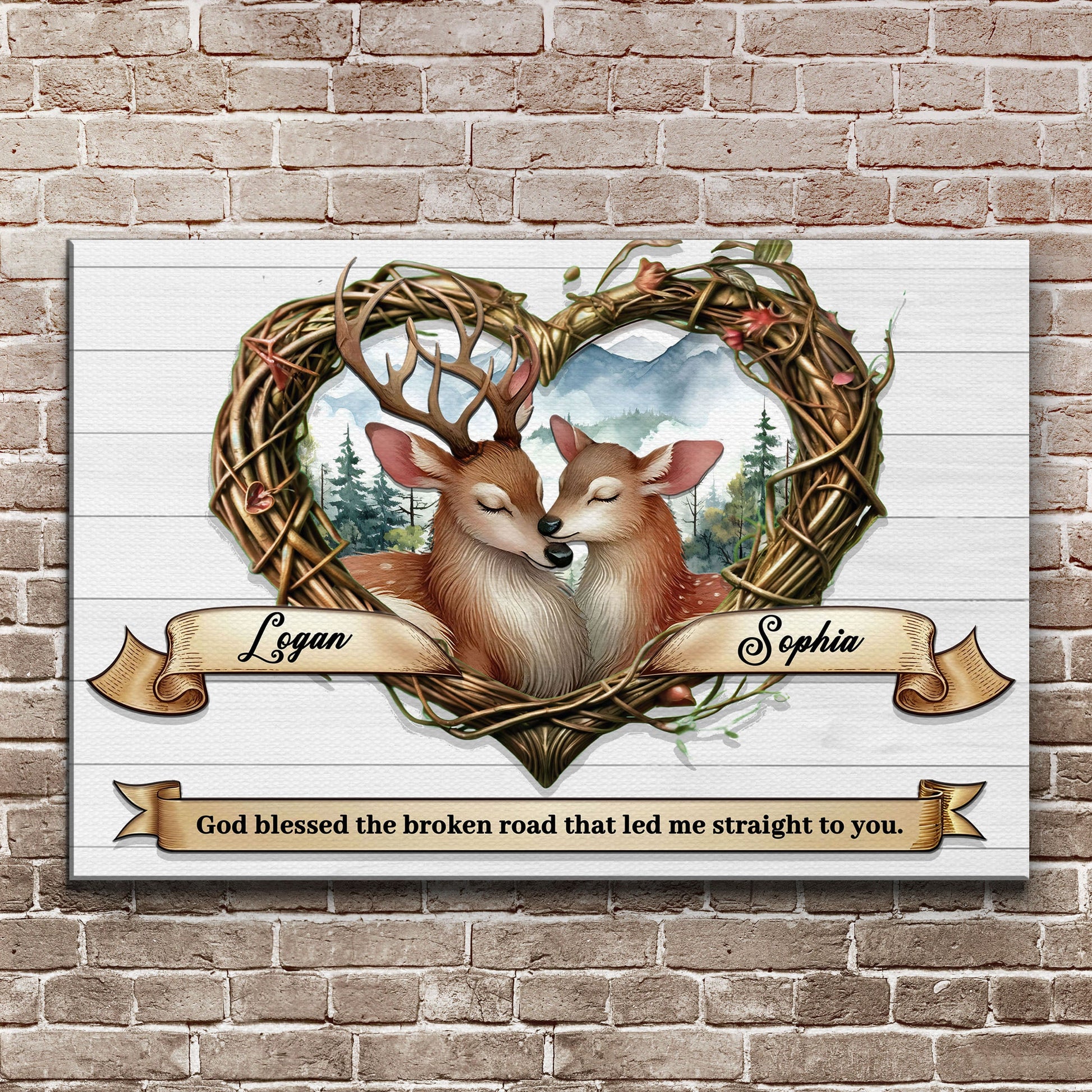 Couple Deer Sign IV canvas by Tailored Canvases featuring two deer inside a woven twig wreath on Tampa Home & Garden Store