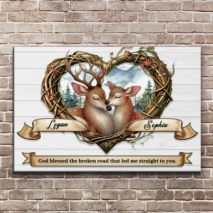 Couple Deer Sign IV canvas by Tailored Canvases featuring two deer inside a woven twig wreath on Tampa Home & Garden Store