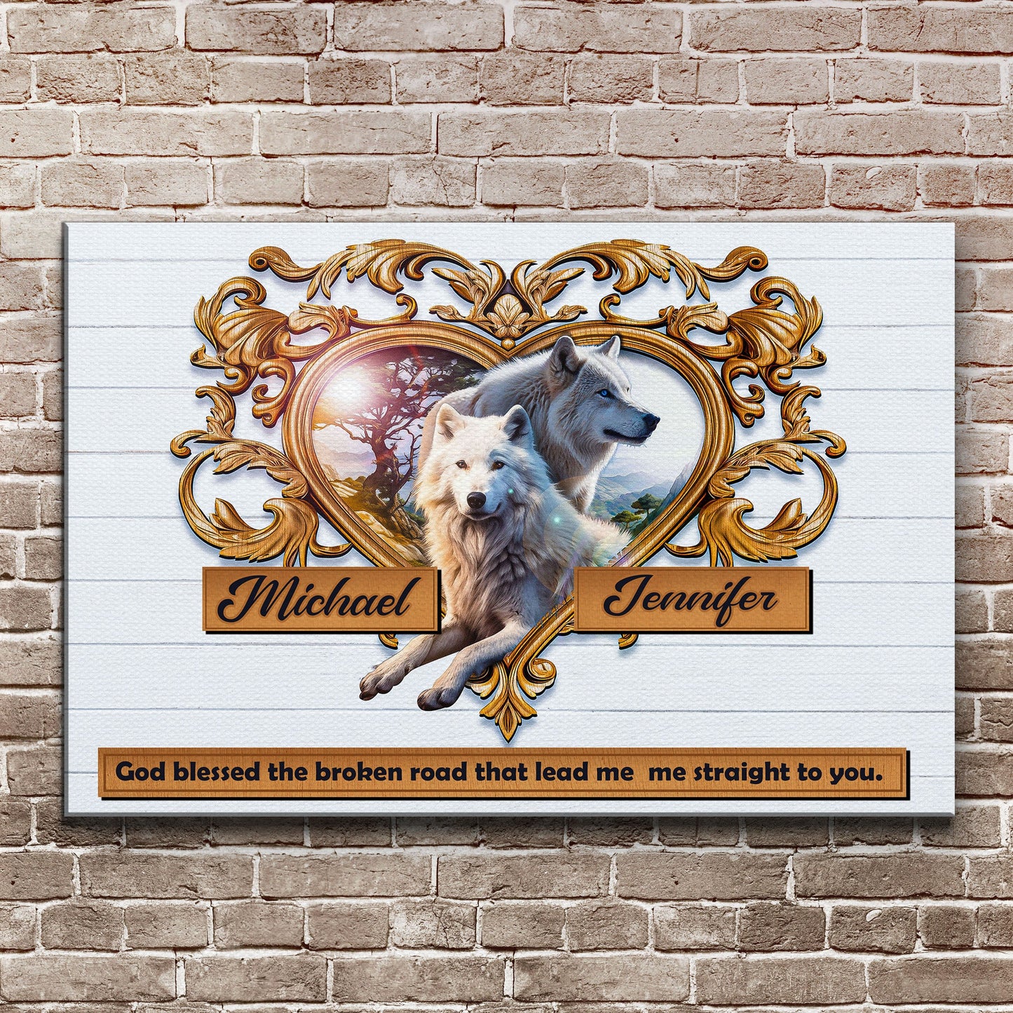 Couple Wolves Sign VI canvas by Tailored Canvases with ornate gold frame and two wolves on Tampa Home & Garden Store