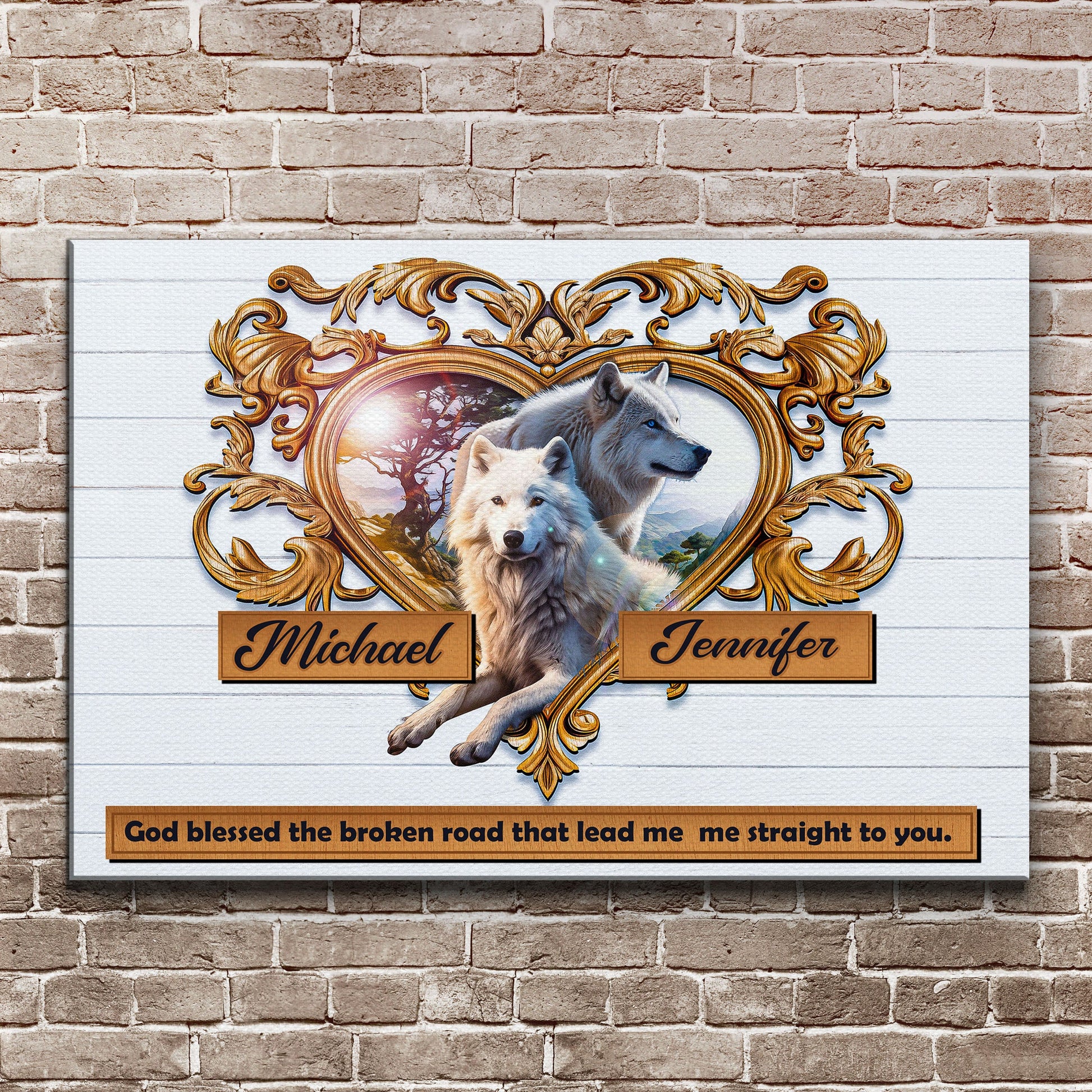Couple Wolves Sign VI canvas by Tailored Canvases with ornate gold frame and two wolves on Tampa Home & Garden Store