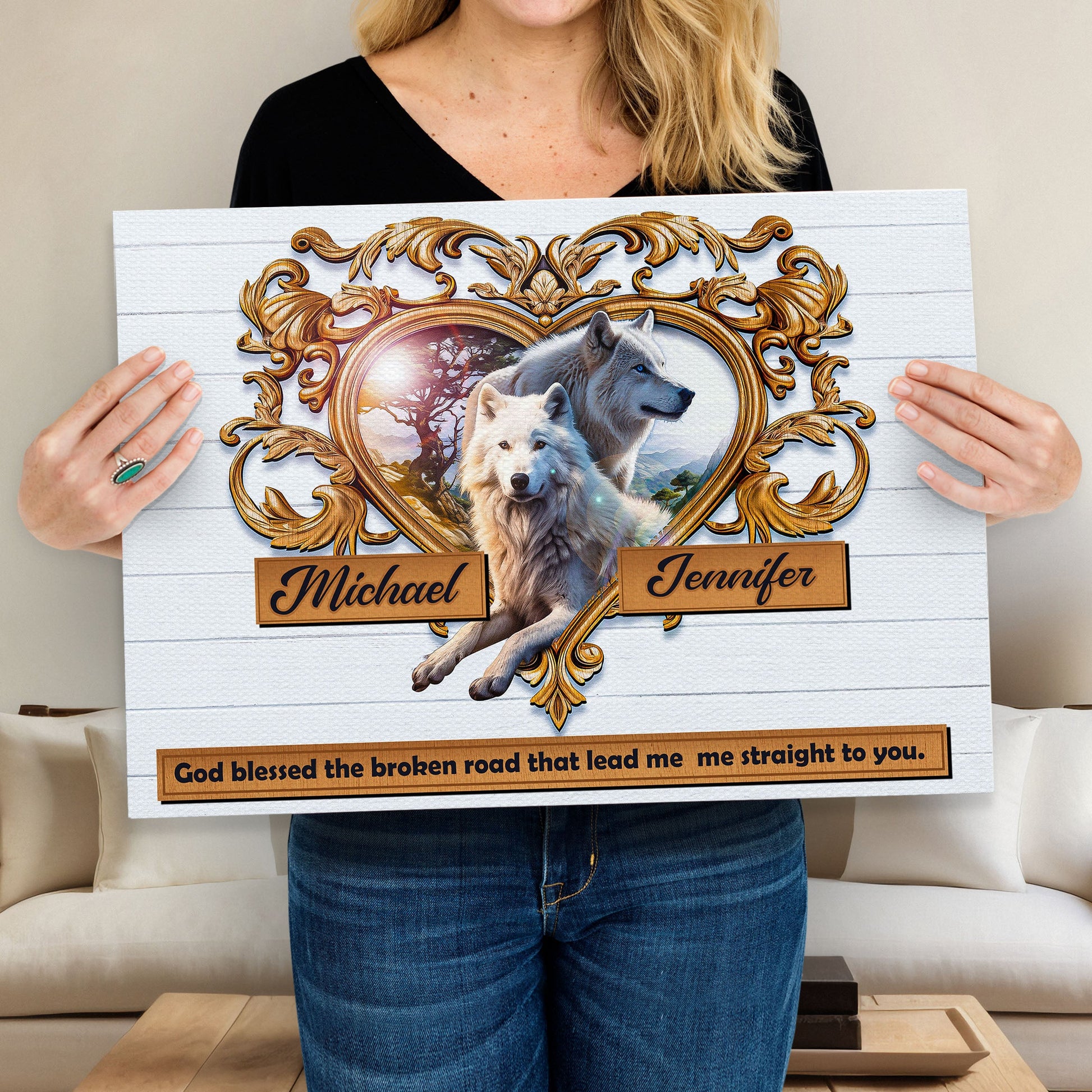 Couple Wolves Sign VI canvas by Tailored Canvases with ornate gold frame and wolves artwork on Tampa Home & Garden Store