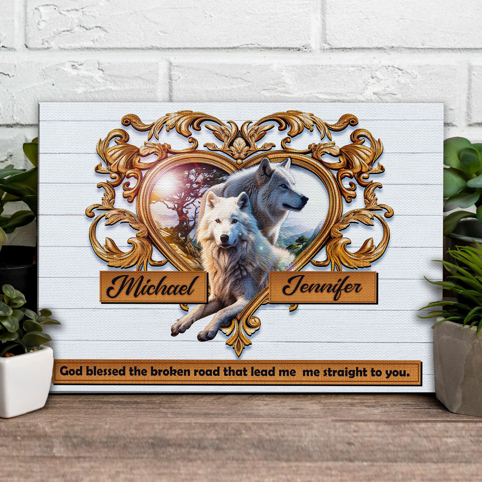 Couple Wolves Sign VI canvas by Tailored Canvases with gold frame wolves and plaques on Tampa Home & Garden Store