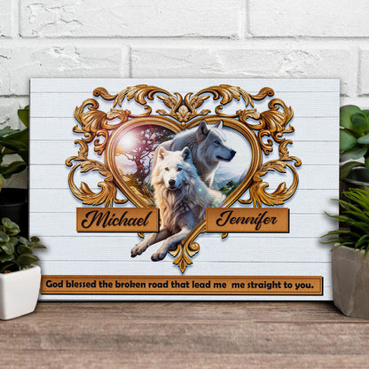 Couple Wolves Sign VI canvas by Tailored Canvases with gold frame wolves and plaques on Tampa Home & Garden Store