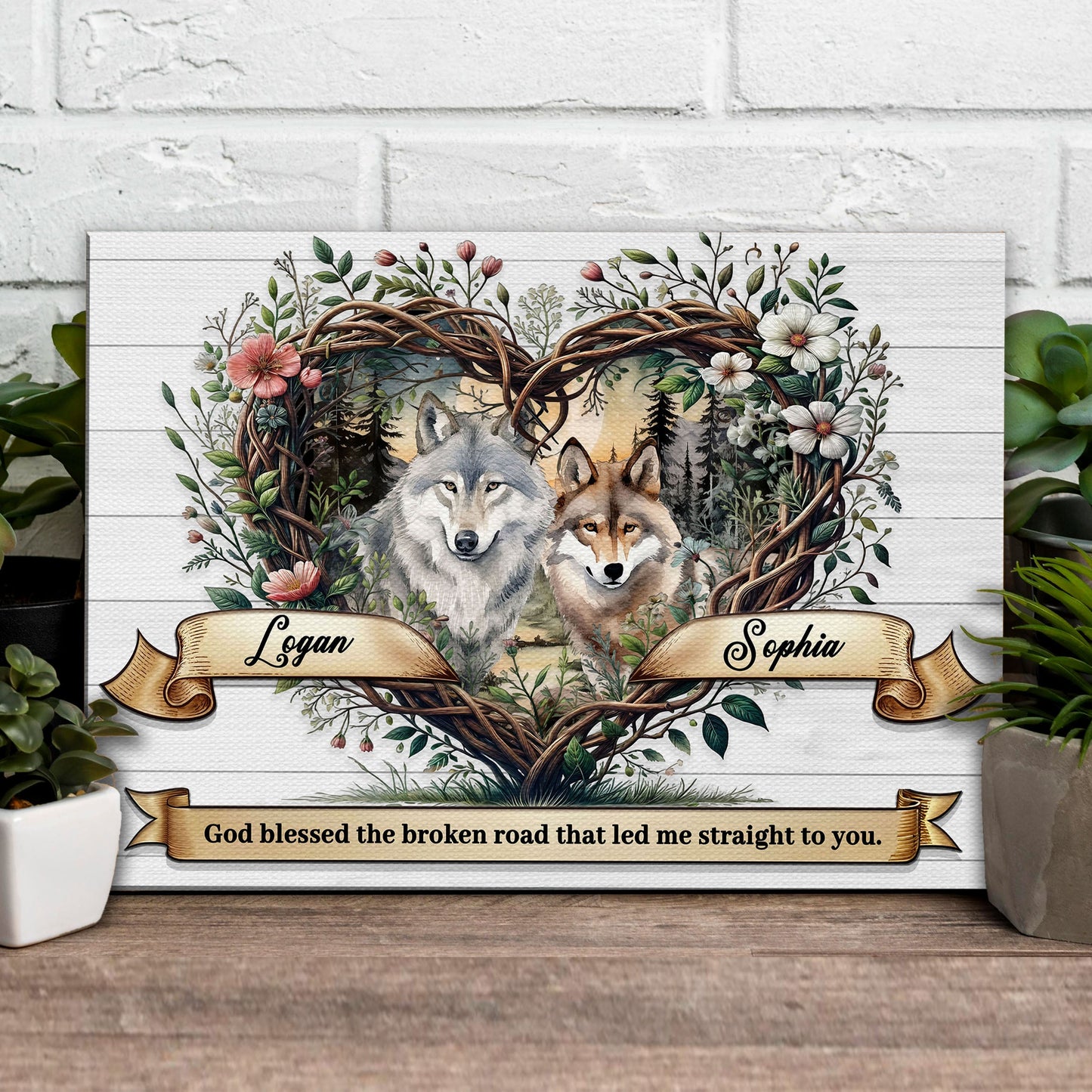 Couple Wolves Sign canvas art with two wolves in a floral wreath Tailored Canvases on Tampa Home & Garden Store