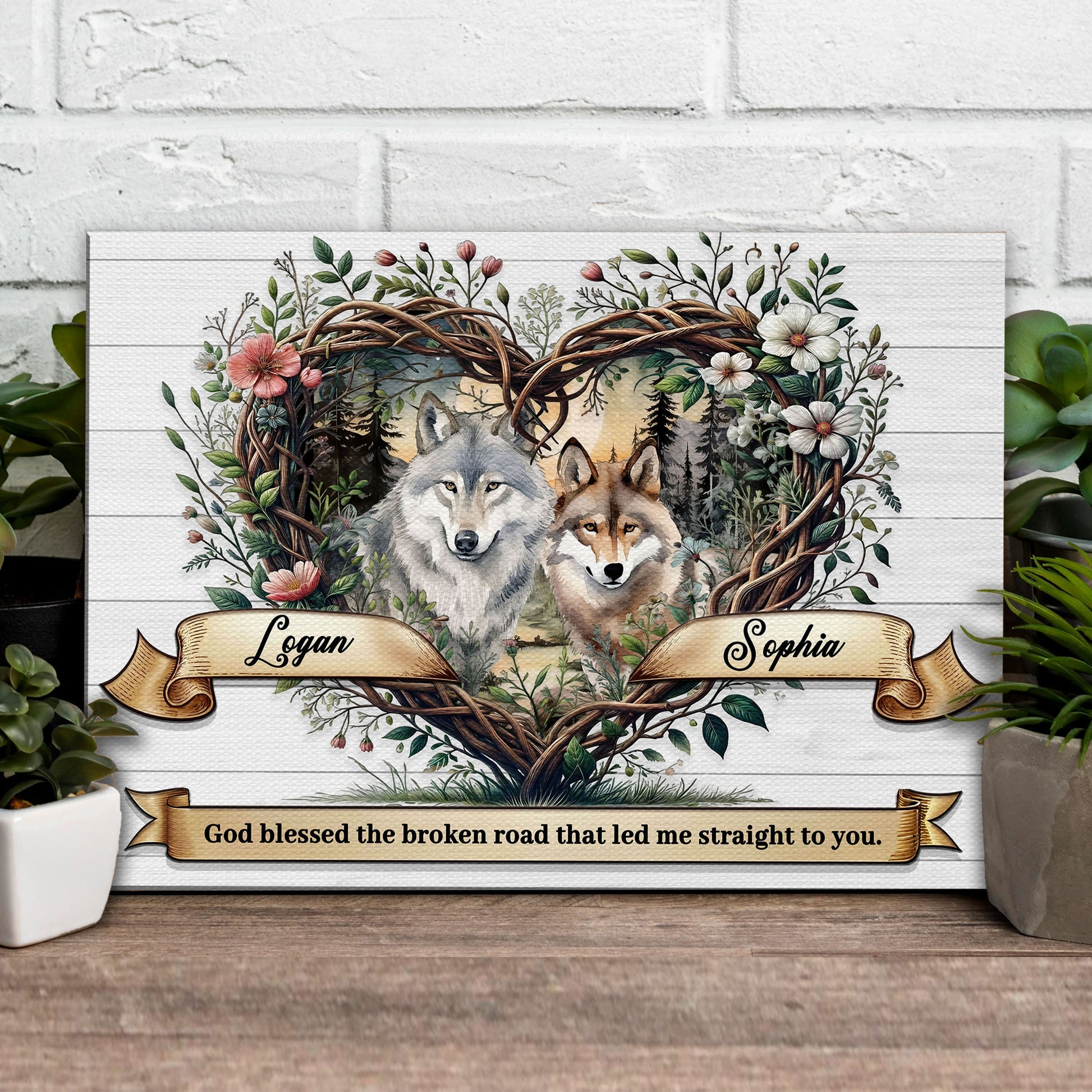 Couple Wolves Sign canvas art with two wolves in a floral wreath Tailored Canvases on Tampa Home & Garden Store