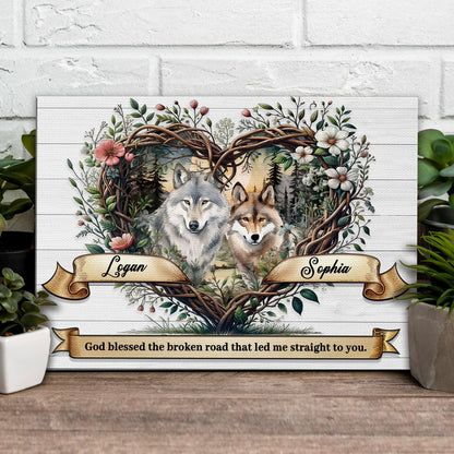 Couple Wolves Sign canvas art with two wolves in a floral wreath Tailored Canvases on Tampa Home & Garden Store
