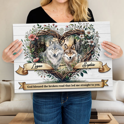 Canvas sign of two wolves in a vine wreath with flowers Logan and Sophia Tailored Canvases on Tampa Home & Garden Store