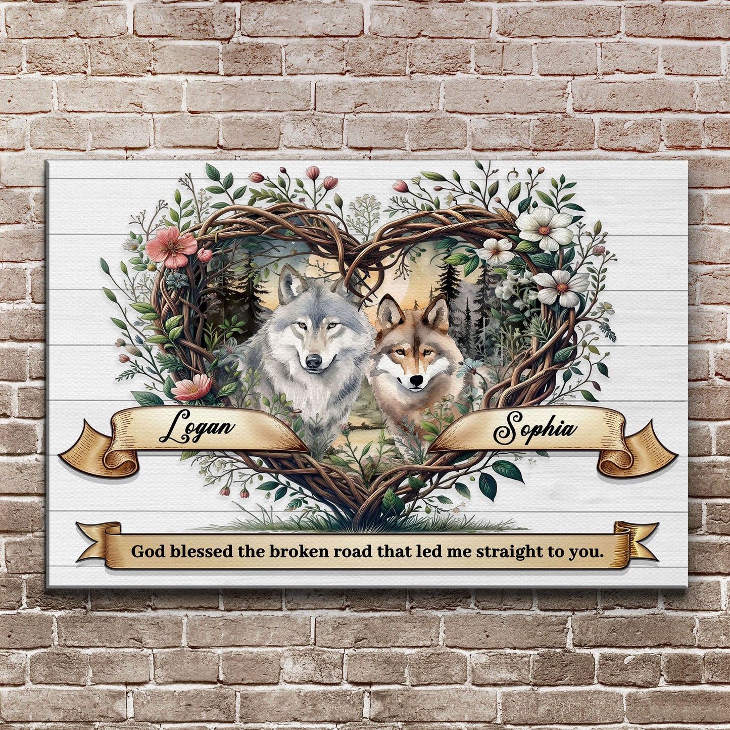 Couple wolves sign canvas, two wolves in floral wreath with Logan and Sophia banners on Tampa Home & Garden Store