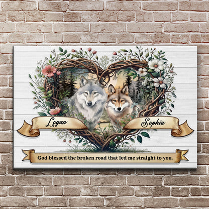 Couple wolves sign canvas, two wolves in floral wreath with Logan and Sophia banners on Tampa Home & Garden Store