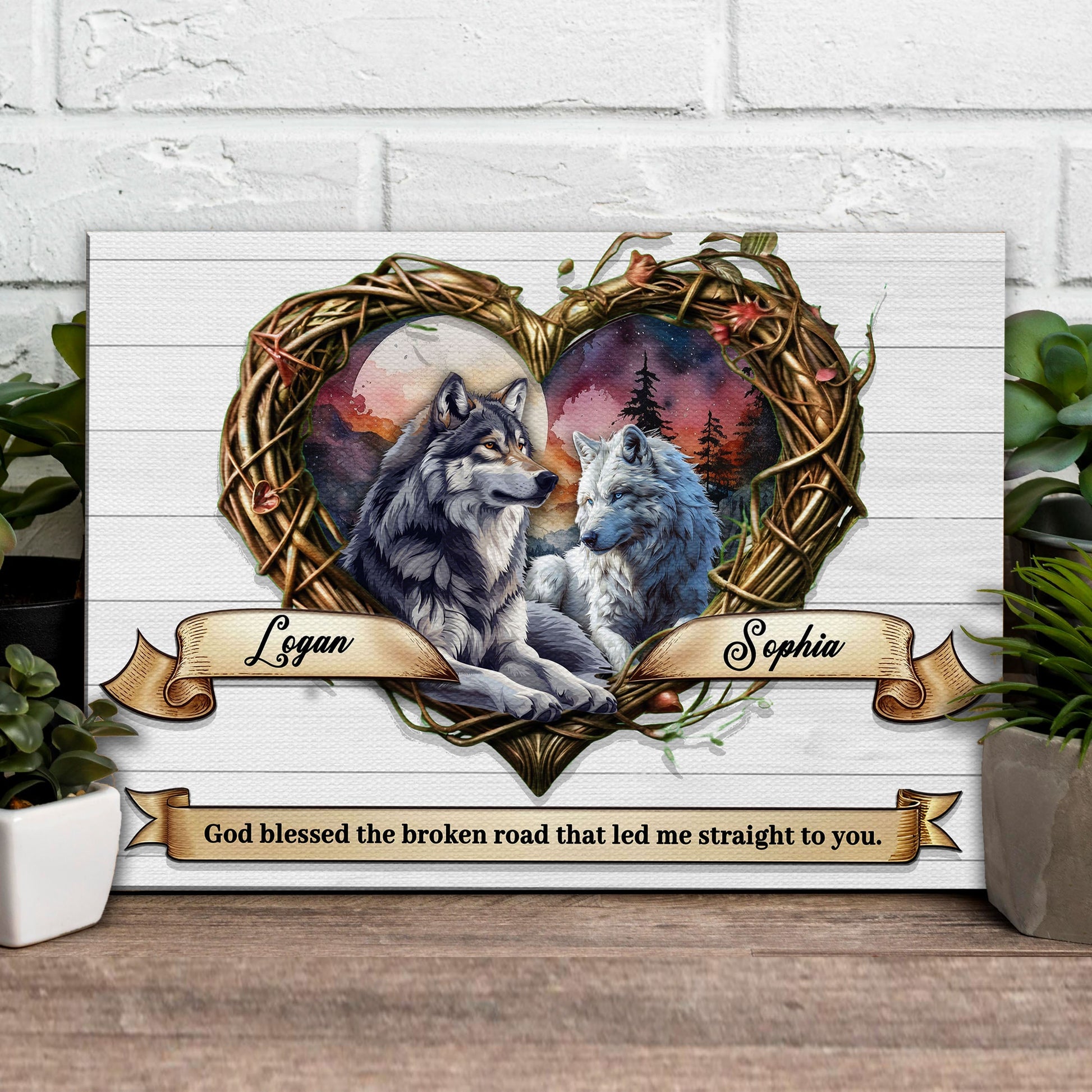 Couple Wolves Sign III canvas by Tailored Canvases with two wolves in a vine heart on Tampa Home & Garden Store