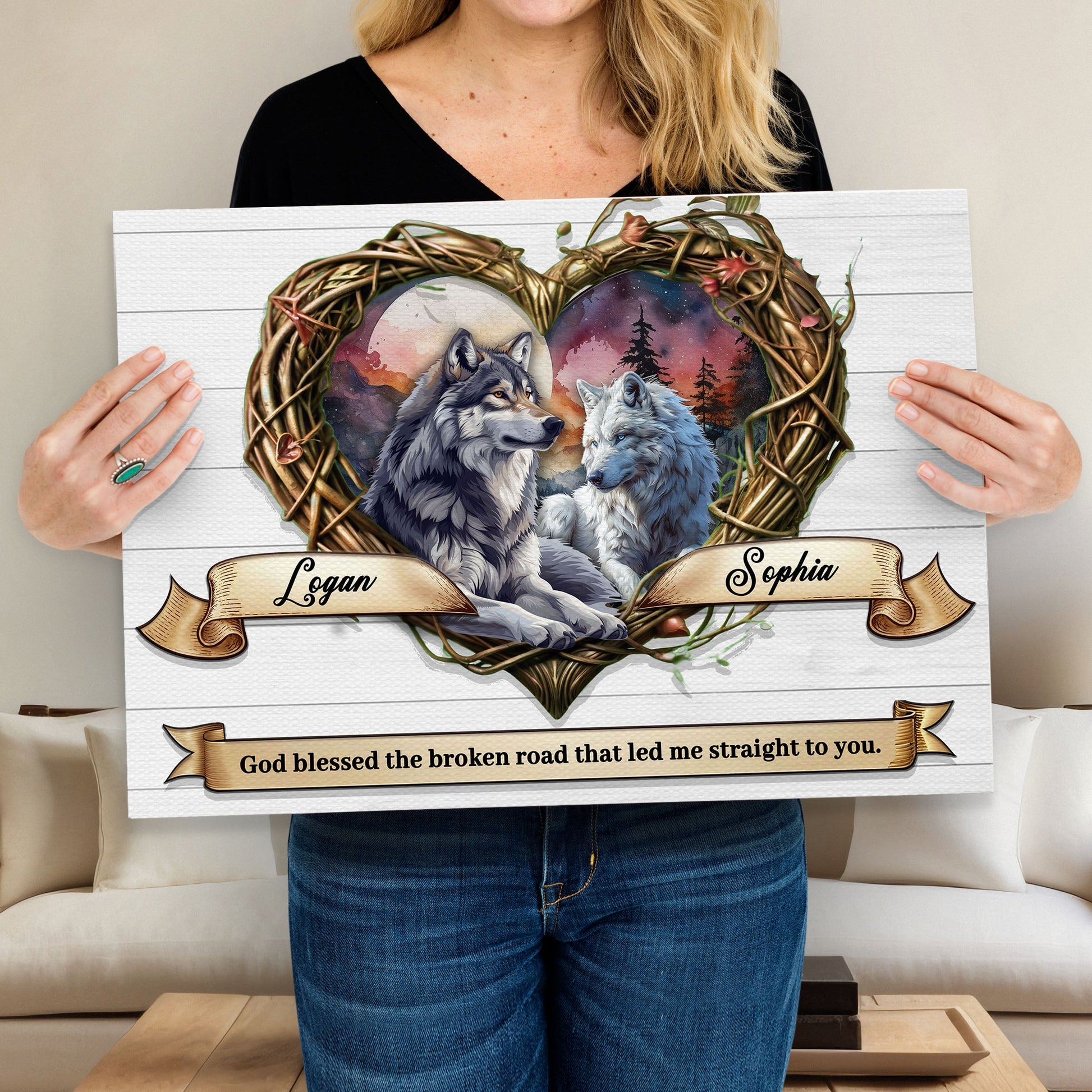 Couple Wolves Sign III canvas by Tailored Canvases two wolves in a heart wreath with Logan Sophia on Tampa Home & Garden Store
