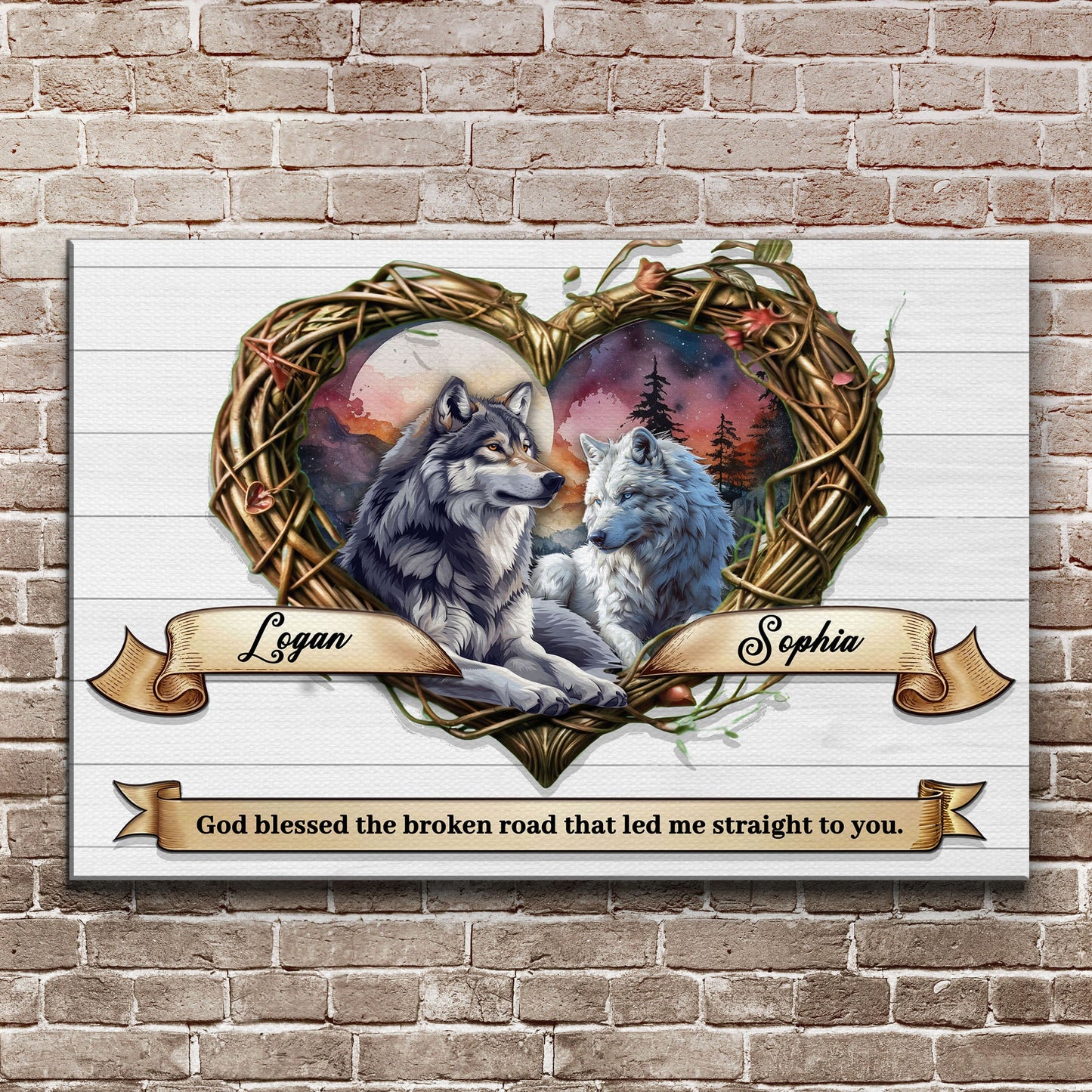Couple Wolves Sign III canvas by Tailored Canvases; wolves in a wreath with beige banner on Tampa Home & Garden Store