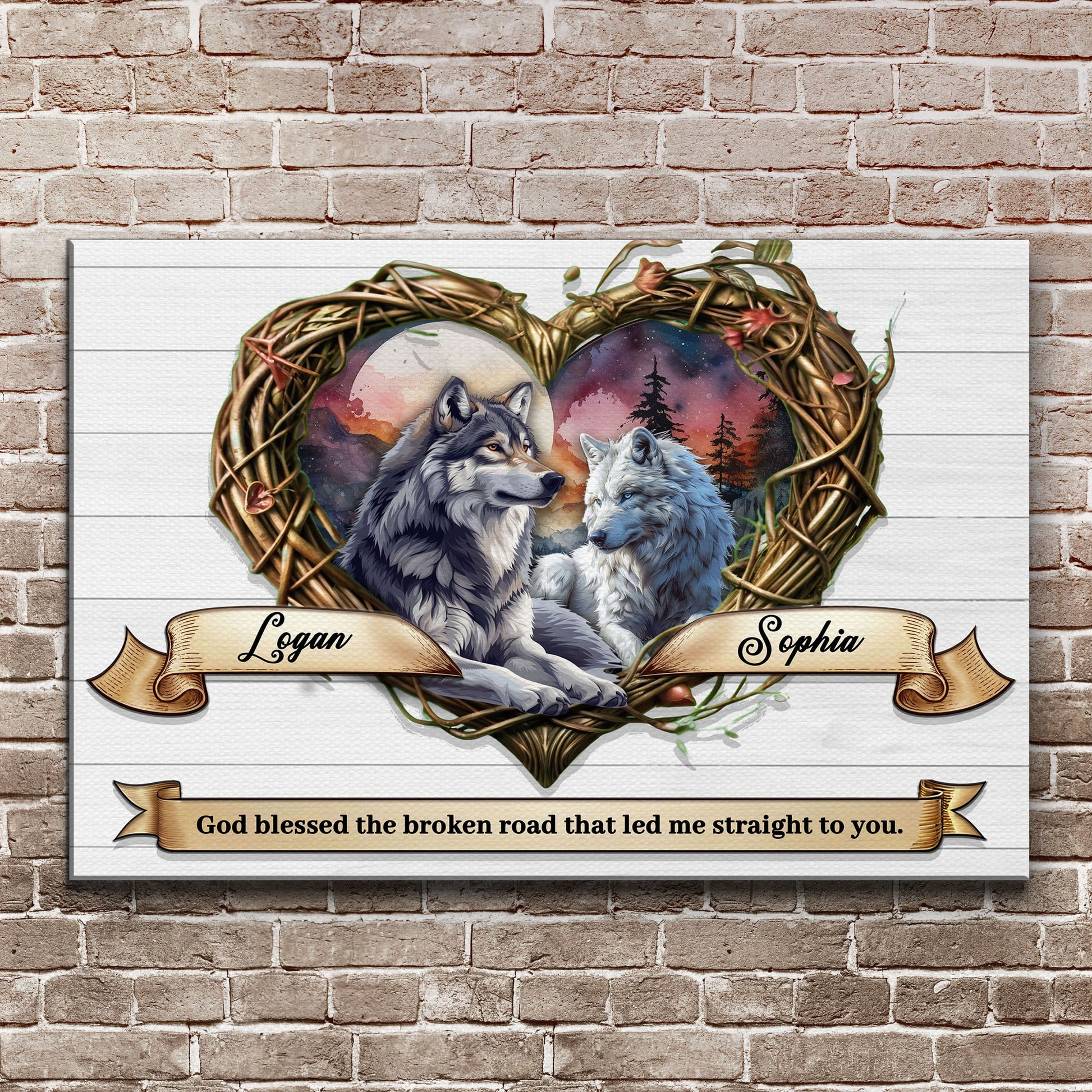 Couple Wolves Sign III canvas by Tailored Canvases; wolves in a wreath with beige banner on Tampa Home & Garden Store