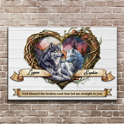 Couple Wolves Sign III canvas by Tailored Canvases; wolves in a wreath with beige banner on Tampa Home & Garden Store