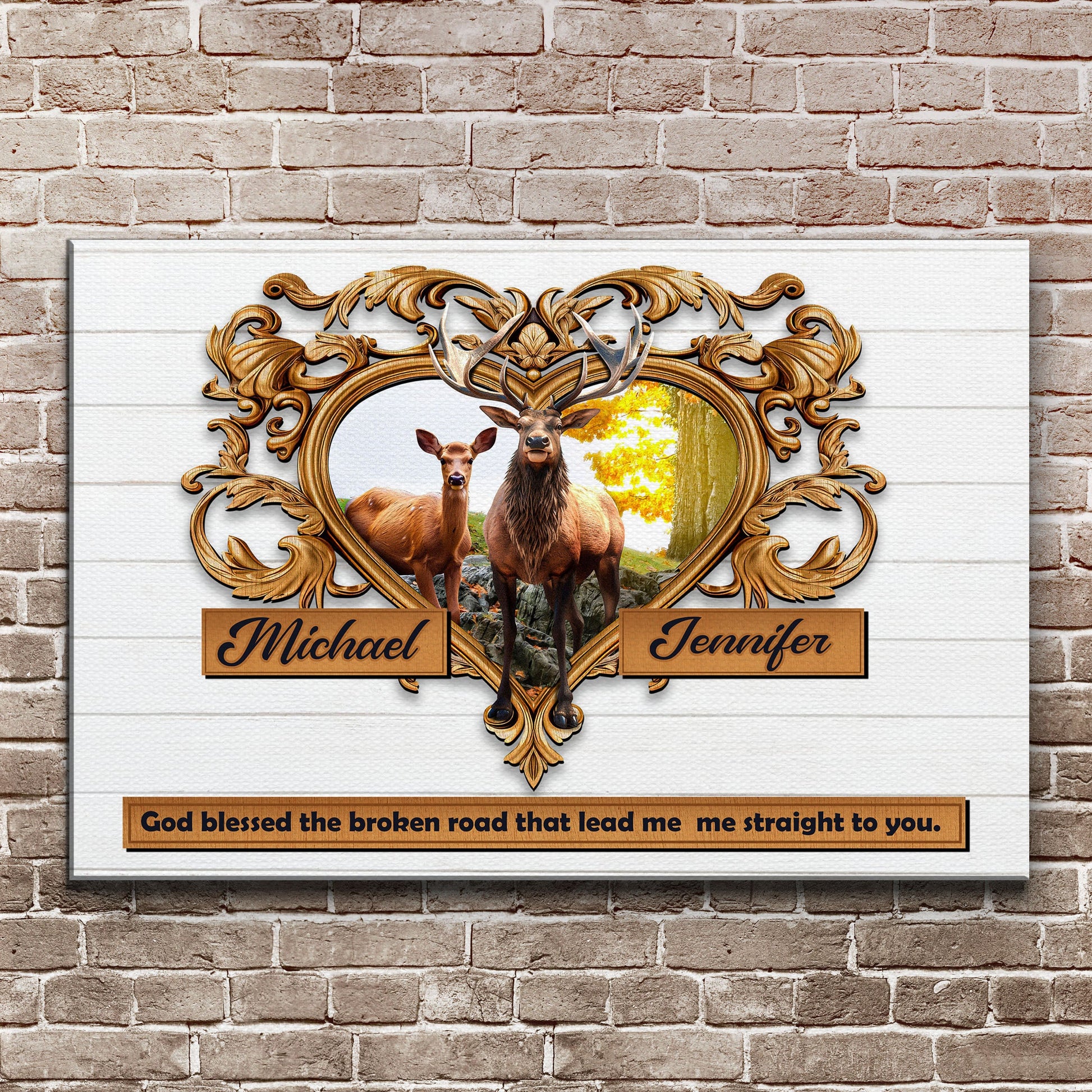 Couple Deer Sign crafting canvas by Tailored Canvases with ornate gold frame on Tampa Home & Garden Store