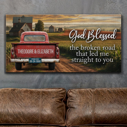 Custom Vintage Truck Couple Sign canvas with red pickup on rural farm on Tampa Home & Garden Store