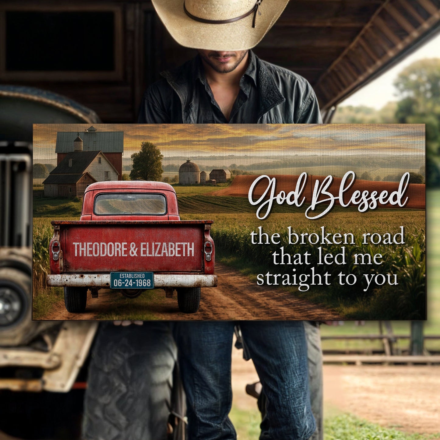 Custom Vintage Truck Couple Sign canvas featuring a rustic red truck on a farm scene on Tampa Home & Garden Store