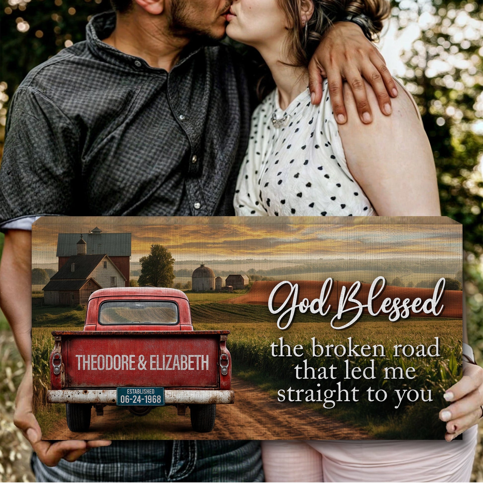 Custom Vintage Truck Couple Sign canvas by Tailored Canvases, rustic red truck scene on Tampa Home & Garden Store