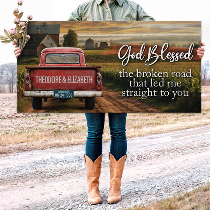 Custom Vintage Truck Couple Sign canvas decor with red pickup and cursive text Tailored Canvases on Tampa Home & Garden Store
