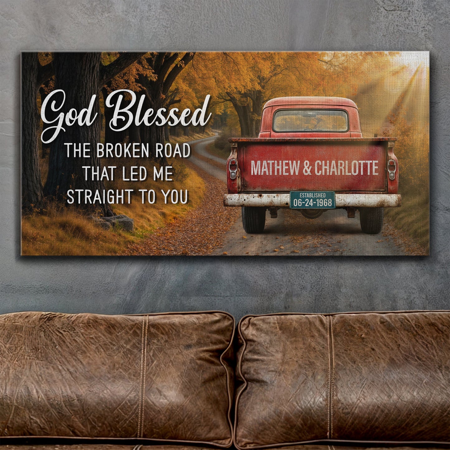 Custom Vintage Truck Couple Sign II canvas wall art with a red vintage pickup on an autumn road on Tampa Home & Garden Store