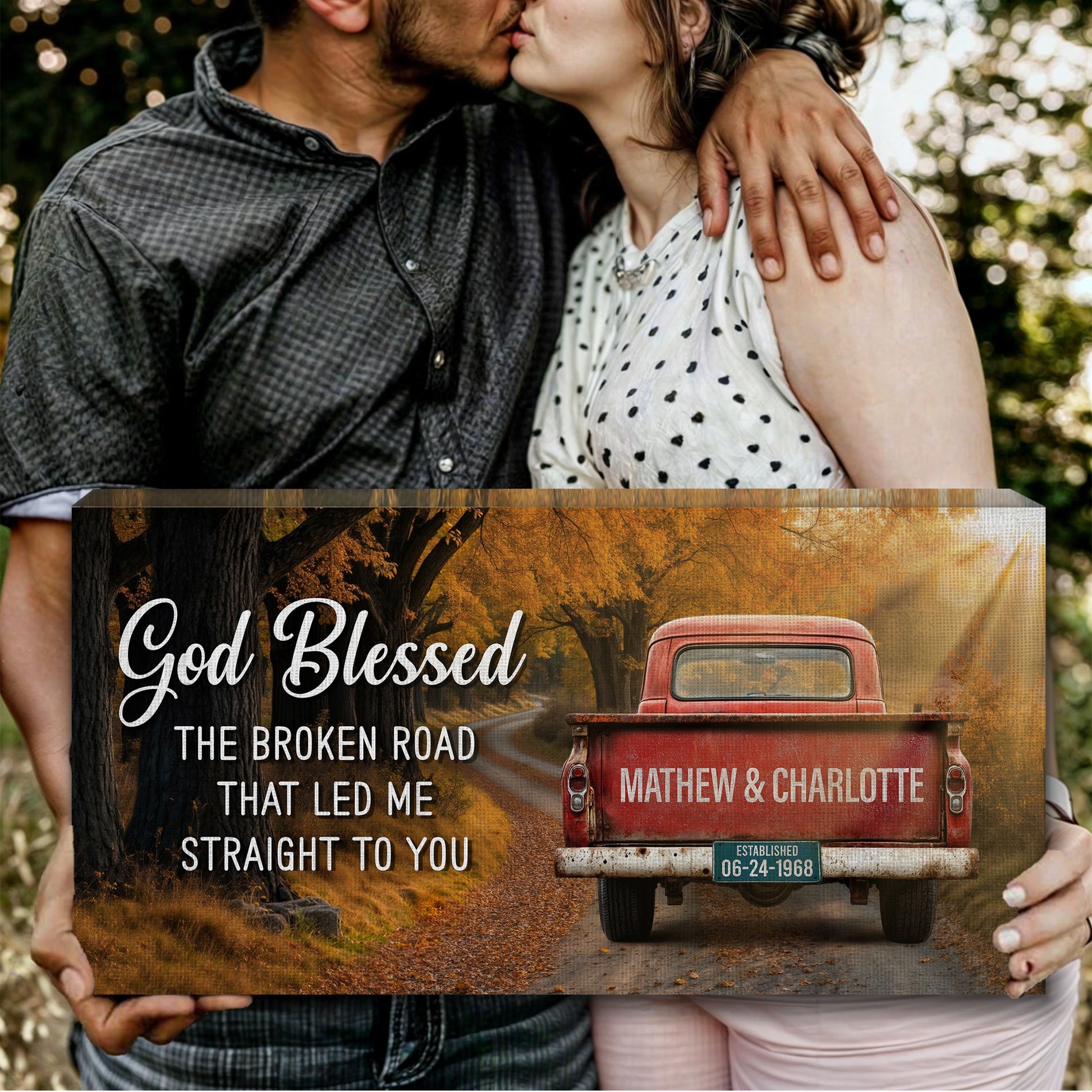 Custom Vintage Truck Couple Sign II canvas by Tailored Canvases with red truck motif on Tampa Home & Garden Store