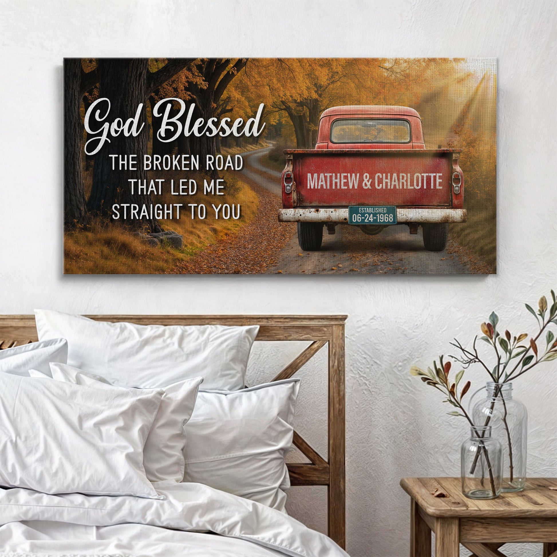 Custom Vintage Truck Couple Sign II canvas with autumn road and red pickup tailgate on Tampa Home & Garden Store