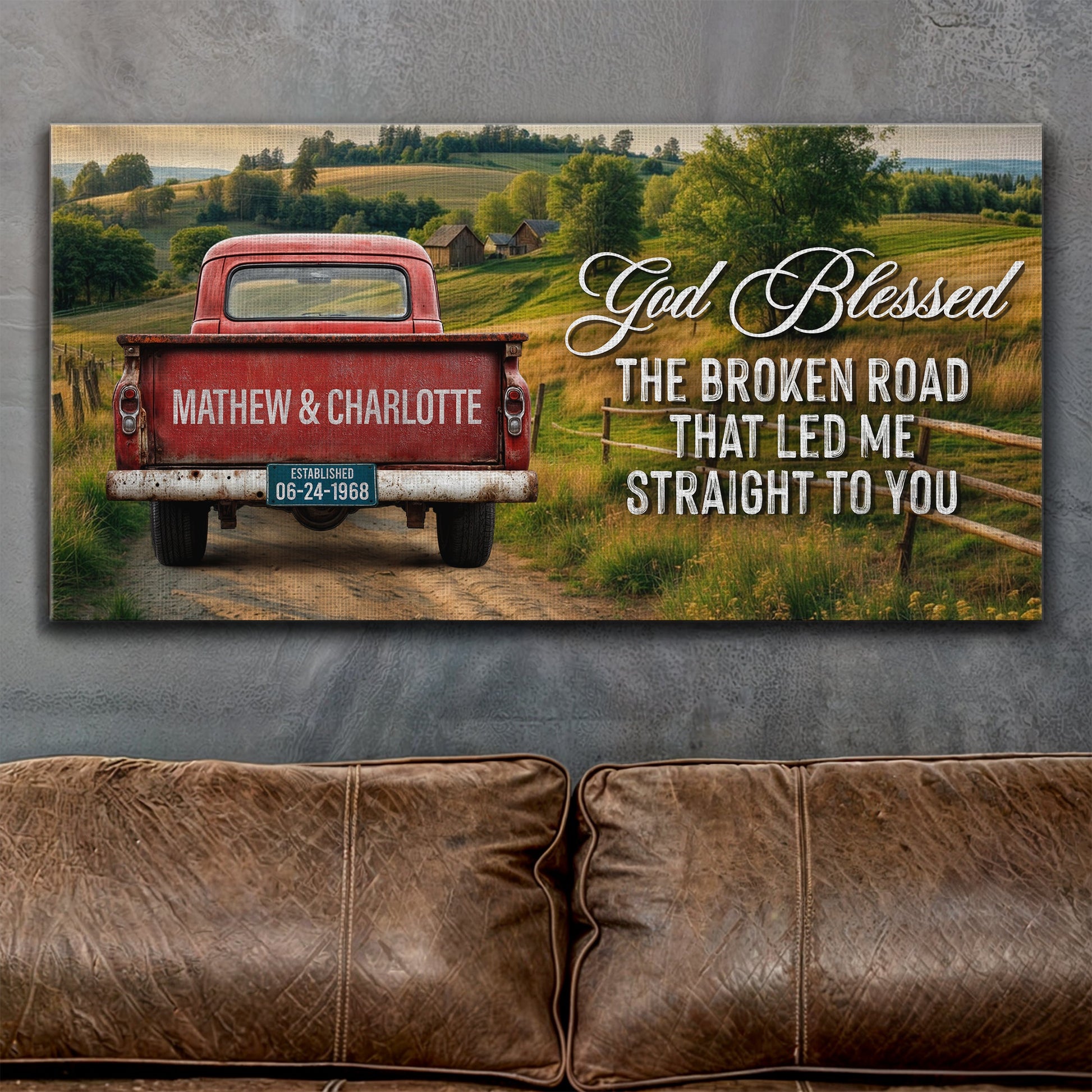 Custom Vintage Truck Couple Sign III canvas featuring a red pickup in a rural countryside on Tampa Home & Garden Store