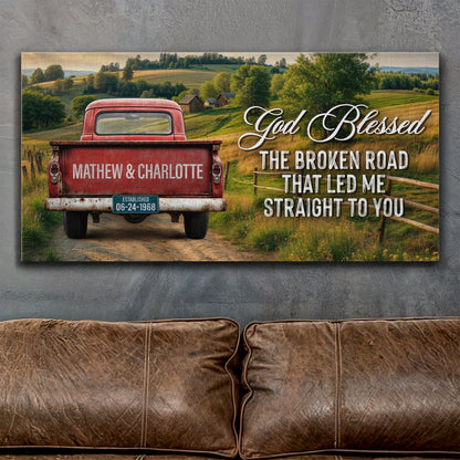 Custom Vintage Truck Couple Sign III canvas featuring a red pickup in a rural countryside on Tampa Home & Garden Store