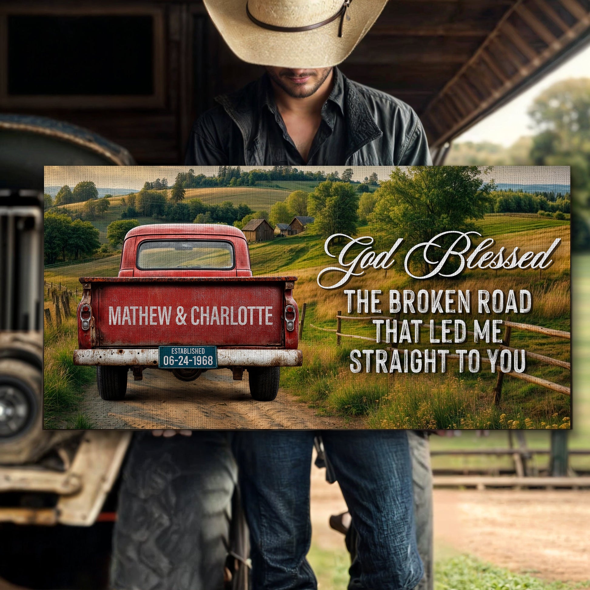 Custom Vintage Truck Couple Sign III canvas by Tailored Canvases with red truck on farm on Tampa Home & Garden Store