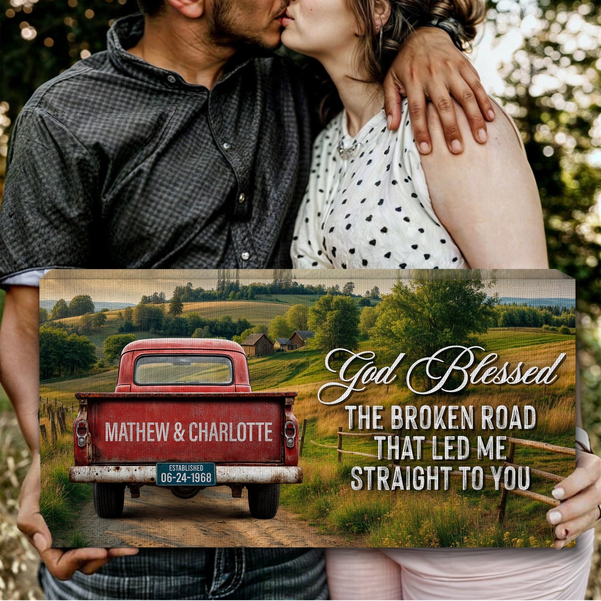 Custom Vintage Truck Couple Sign III canvas by Tailored Canvases, red truck in countryside on Tampa Home & Garden Store