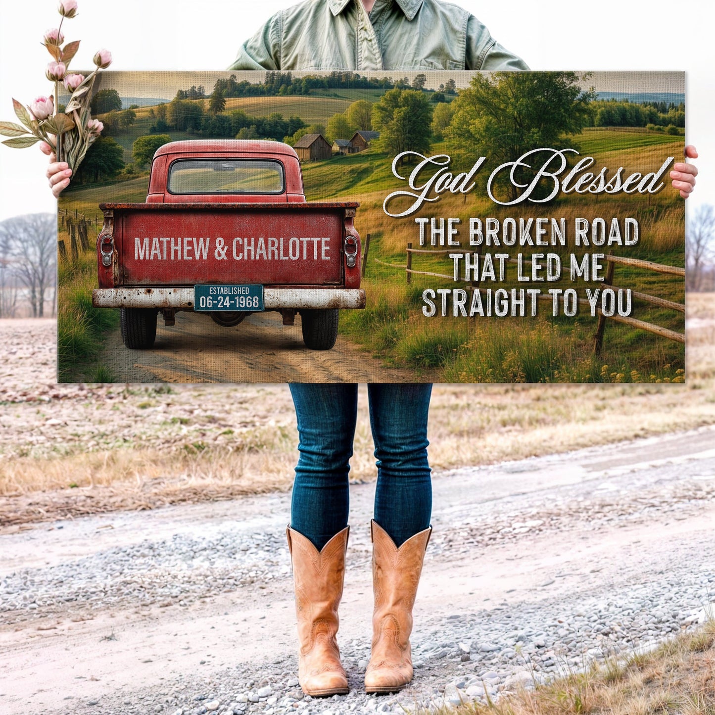 Custom Vintage Truck Couple Sign III canvas with a red pickup in a rural countryside scene on Tampa Home & Garden Store