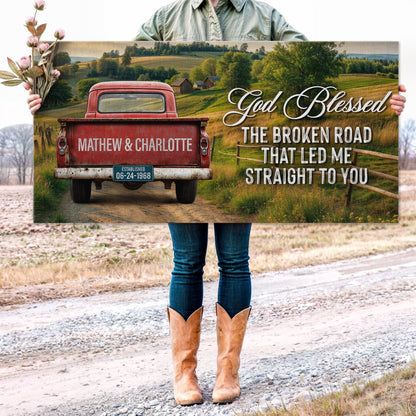 Custom Vintage Truck Couple Sign III canvas with a red pickup in a rural countryside scene on Tampa Home & Garden Store