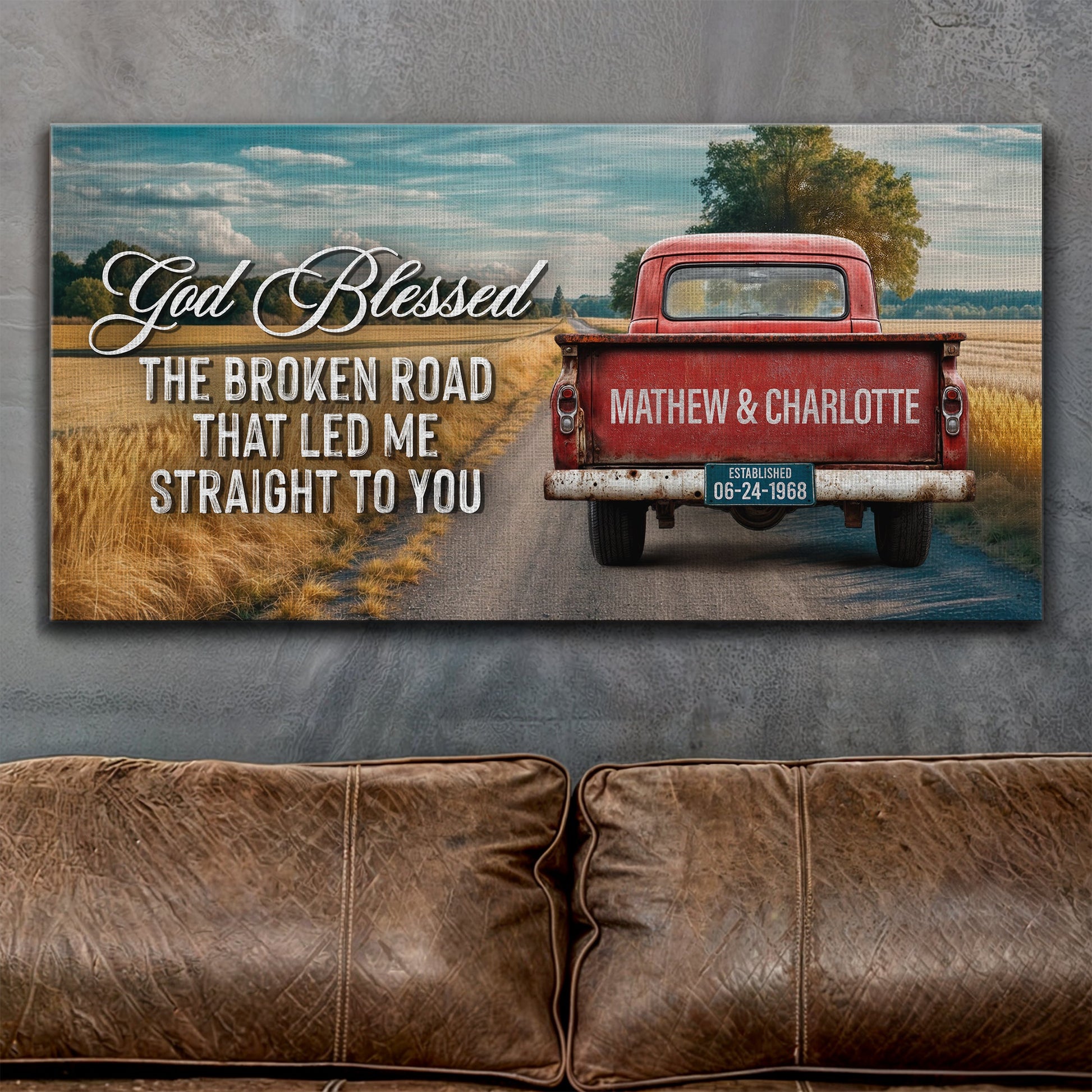 Custom Vintage Truck Sign IV canvas by Tailored Canvases with a red pickup on a rural road on Tampa Home & Garden Store