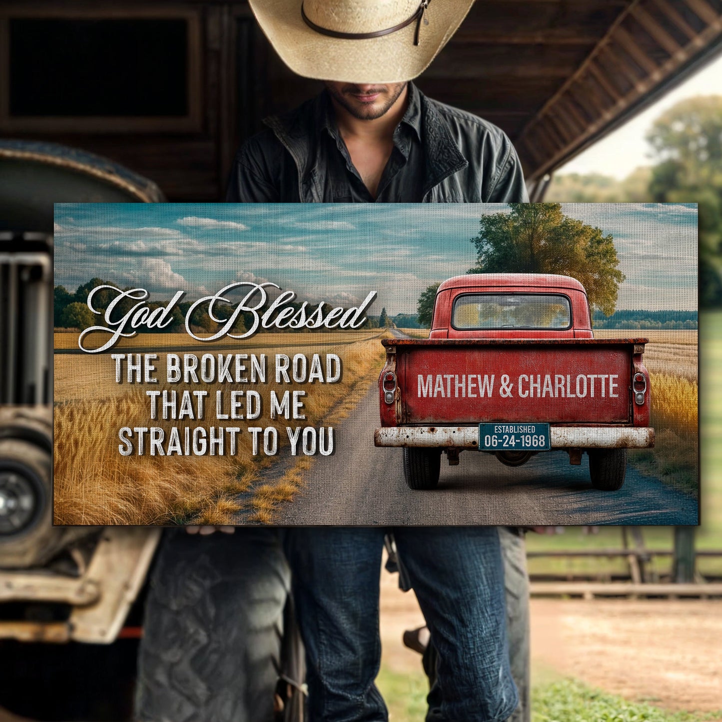 Custom Vintage Truck Couple Sign IV canvas by Tailored Canvases with a red truck scene on Tampa Home & Garden Store