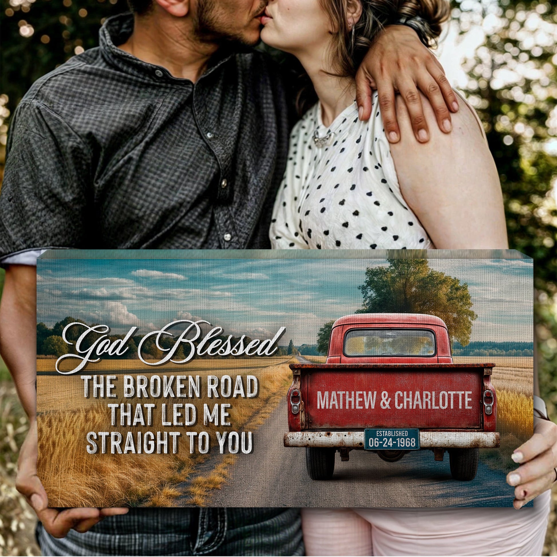 Canvas Custom Vintage Truck Couple Sign IV with red truck on road and God Blessed script on Tampa Home & Garden Store