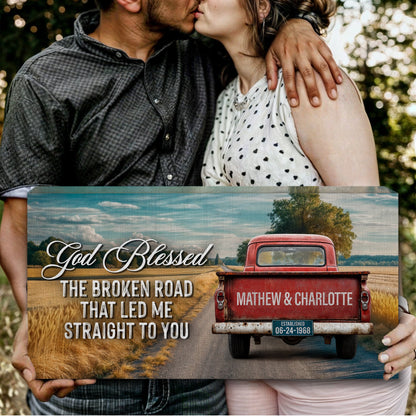 Canvas Custom Vintage Truck Couple Sign IV with red truck on road and God Blessed script on Tampa Home & Garden Store